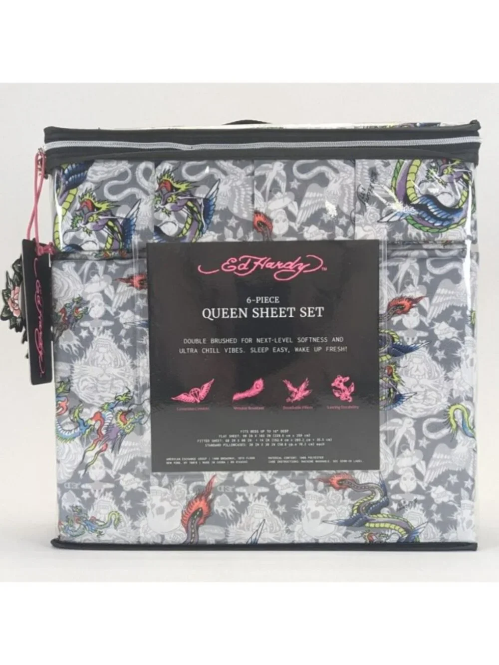 Ed Hardy Queen Sheet Set 6-Piece w 4 Pillowcases White Gray Tattoo Dragon Skill